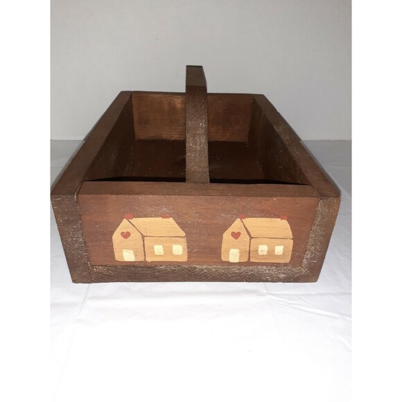 Vtg 1980's Boho Handmade Rustic Solid Wood Rectangle Caddy Tote Brown Painted - Picture 6 of 11